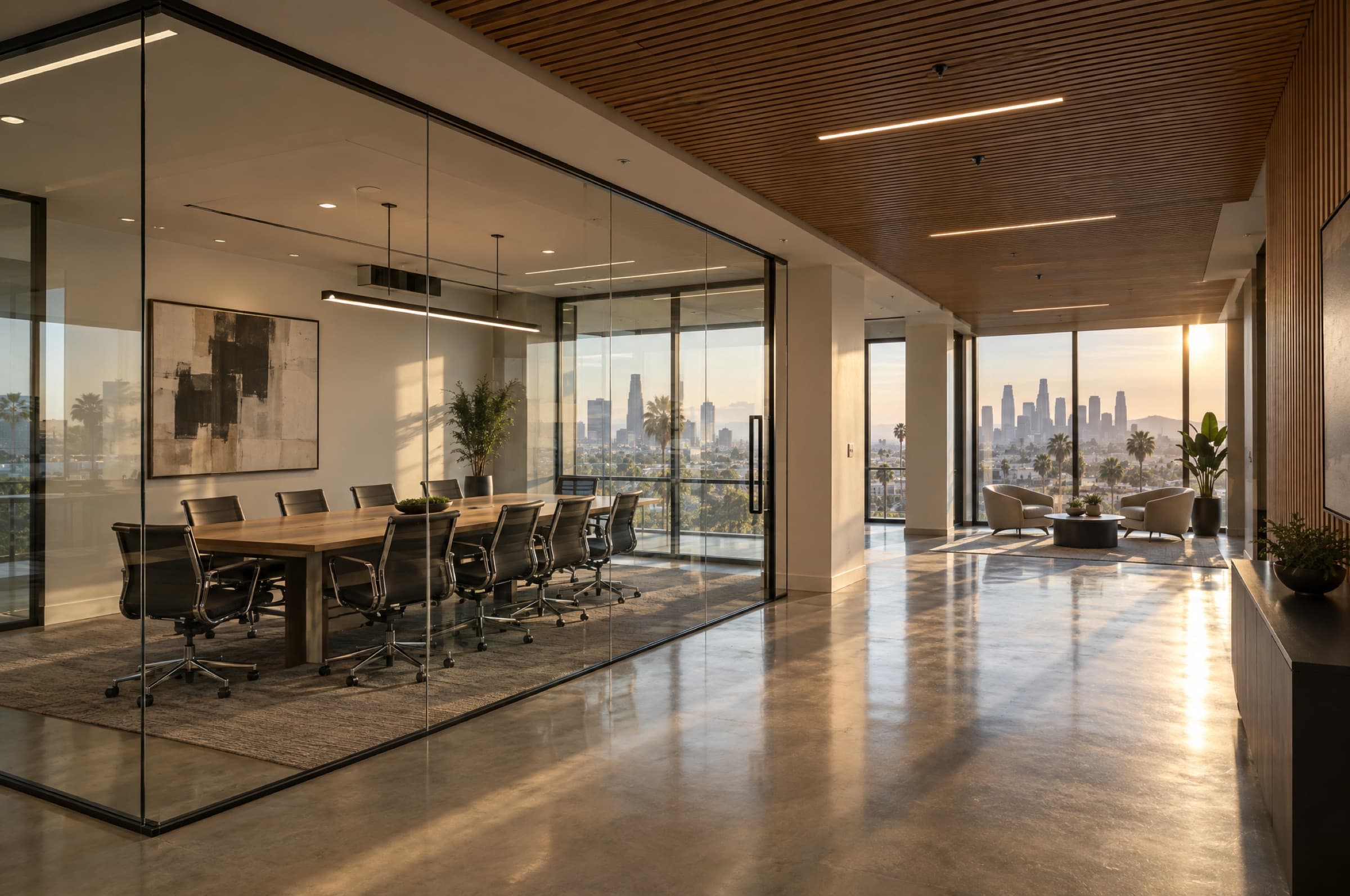 Newly renovated modern office interior with glass conference room