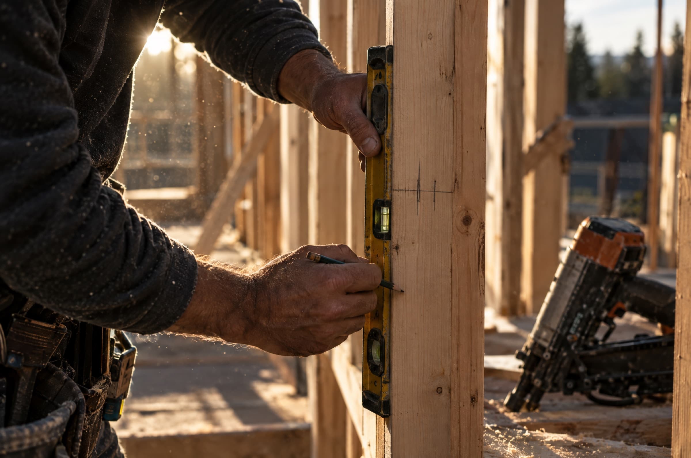 Carpenter checking a framed wall stud with a level